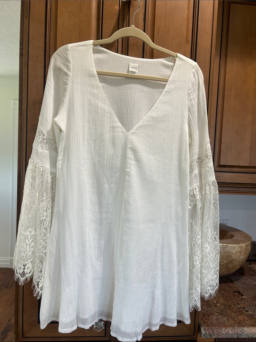 l*space White Mini Dress with Lace Bell Sleeves